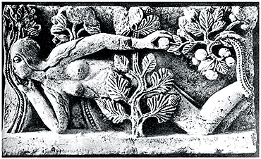 Ева. Фрагмент рельефа «Грехопадение». Северный портал собора Сен-Лазар в Отёне