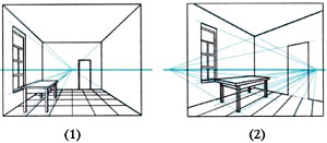Горизонтальный вариант рисунка. Перспектива помещения сбоку. Перспектива комнаты сбоку. Перспектива с двумя точками схода интерьер. Перспектива фронтальная комната вид снизу рисунок.